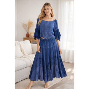 L'Pogee Skirt Set Womens One Size Blue Embroidered Fairy Whimsy Witchy Ren Fair